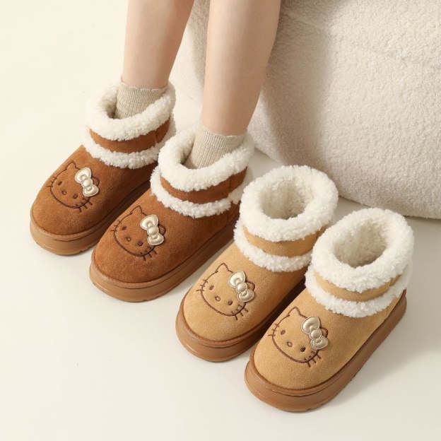 HK Cute Pompon Lace Up Fur Winter Snow Boots Fluffy Boots Shoes
