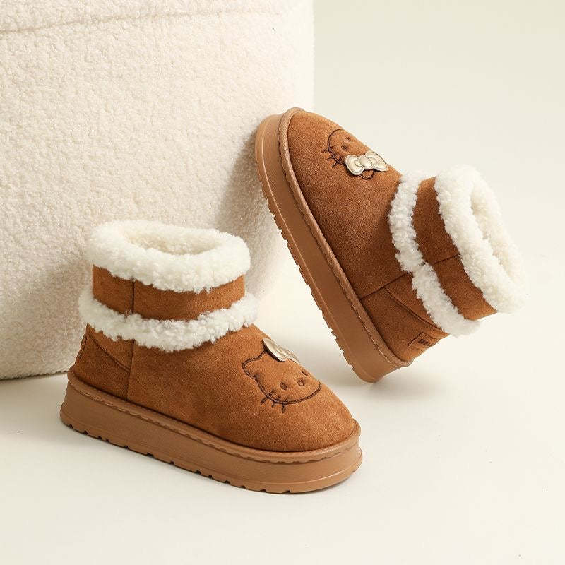 HK Cute Pompon Lace Up Fur Winter Snow Boots Fluffy Boots Shoes