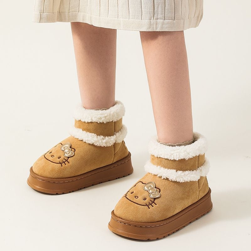 HK Cute Pompon Lace Up Fur Winter Snow Boots Fluffy Boots Shoes