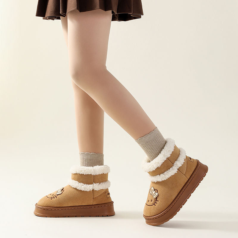 HK Cute Pompon Lace Up Fur Winter Snow Boots Fluffy Boots Shoes