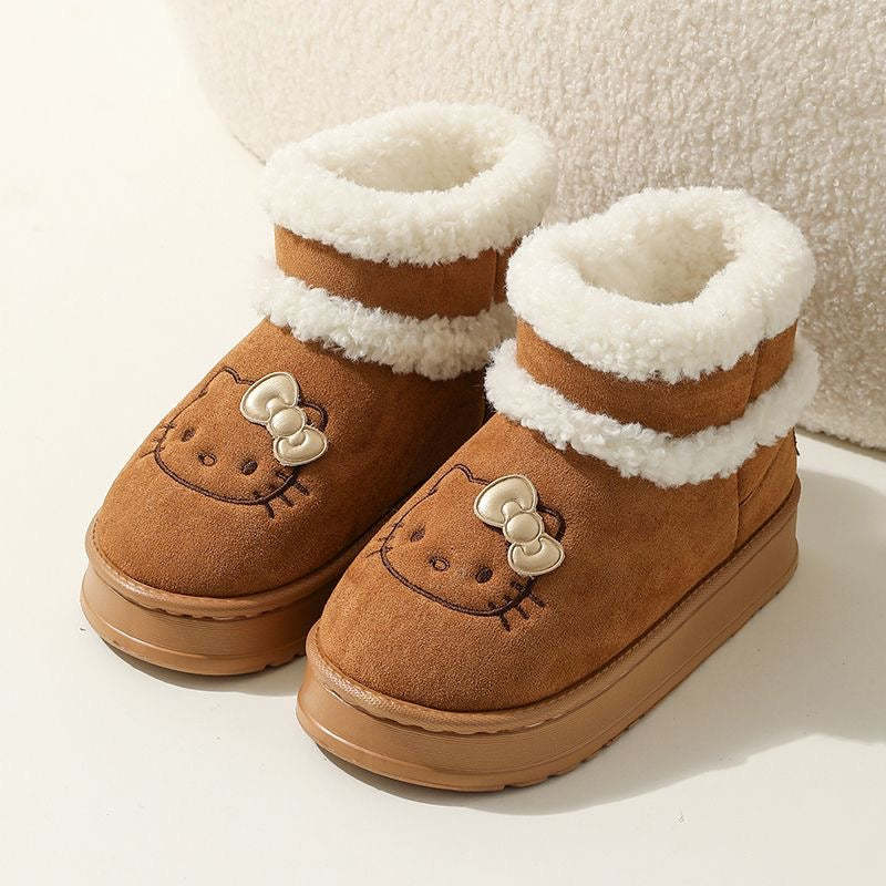 HK Cute Pompon Lace Up Fur Winter Snow Boots Fluffy Boots Shoes