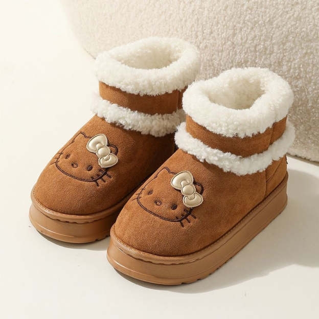 HK Cute Pompon Lace Up Fur Winter Snow Boots Fluffy Boots Shoes