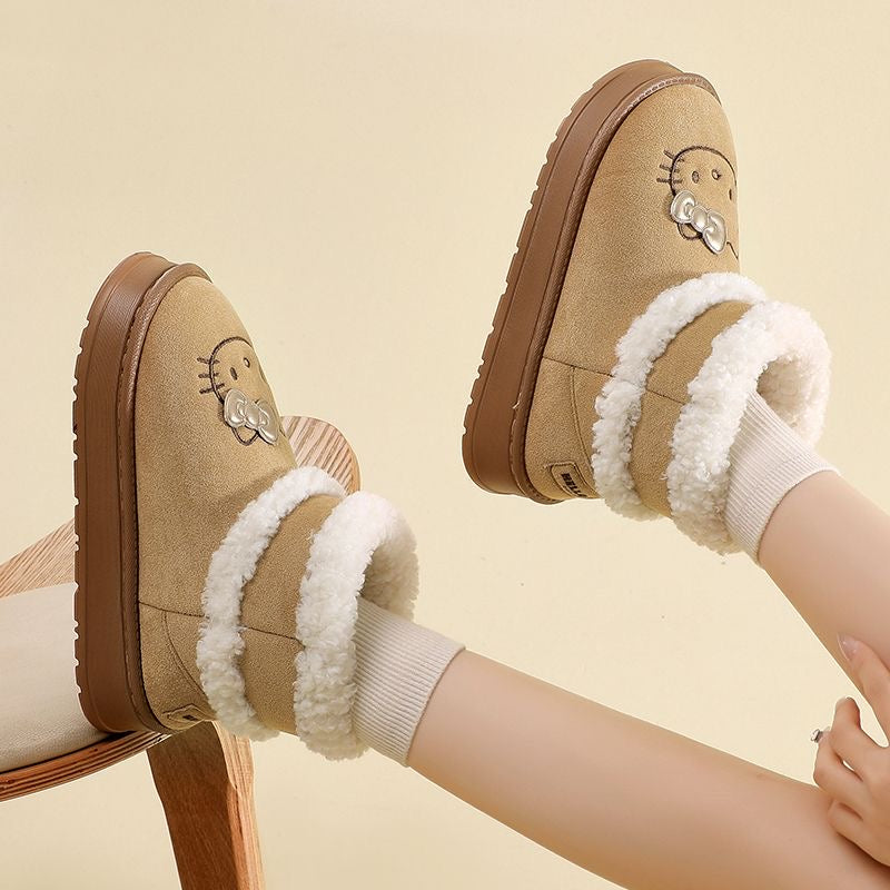 HK Cute Pompon Lace Up Fur Winter Snow Boots Fluffy Boots Shoes