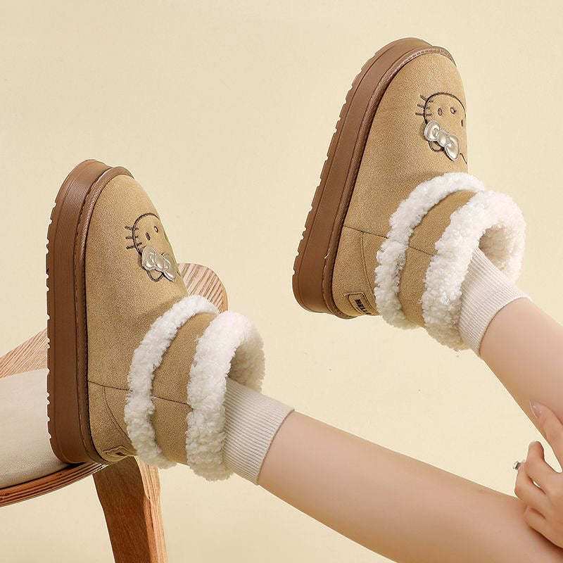 HK Cute Pompon Lace Up Fur Winter Snow Boots Fluffy Boots Shoes