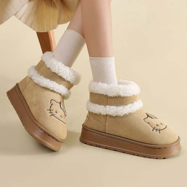 HK Cute Pompon Lace Up Fur Winter Snow Boots Fluffy Boots Shoes