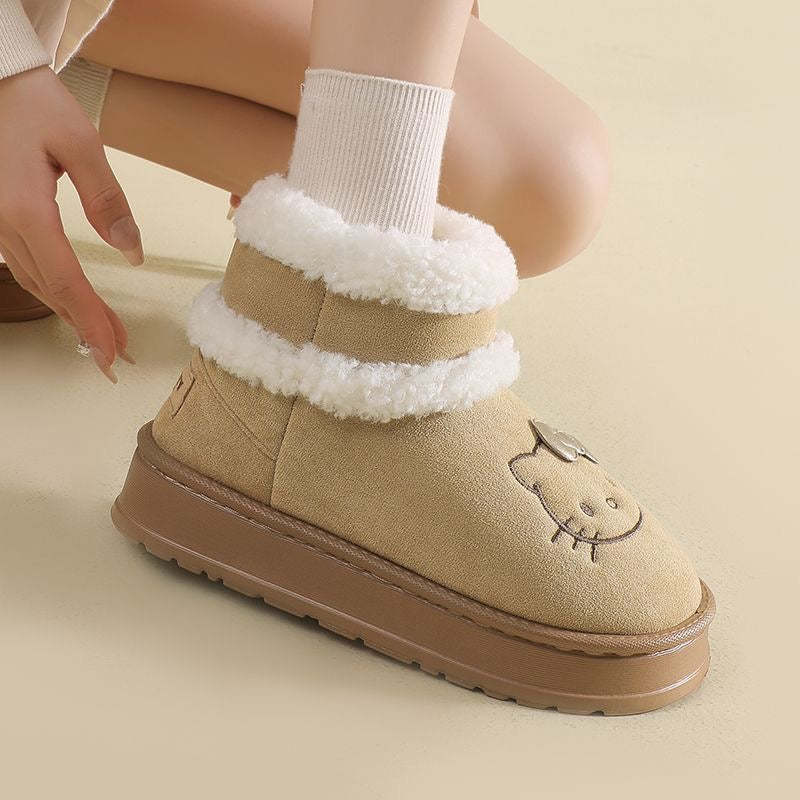 HK Cute Pompon Lace Up Fur Winter Snow Boots Fluffy Boots Shoes