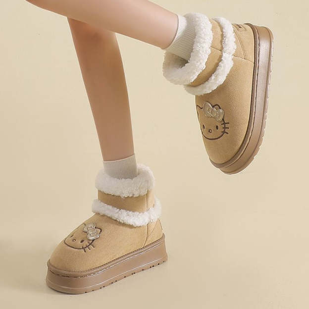 HK Cute Pompon Lace Up Fur Winter Snow Boots Fluffy Boots Shoes