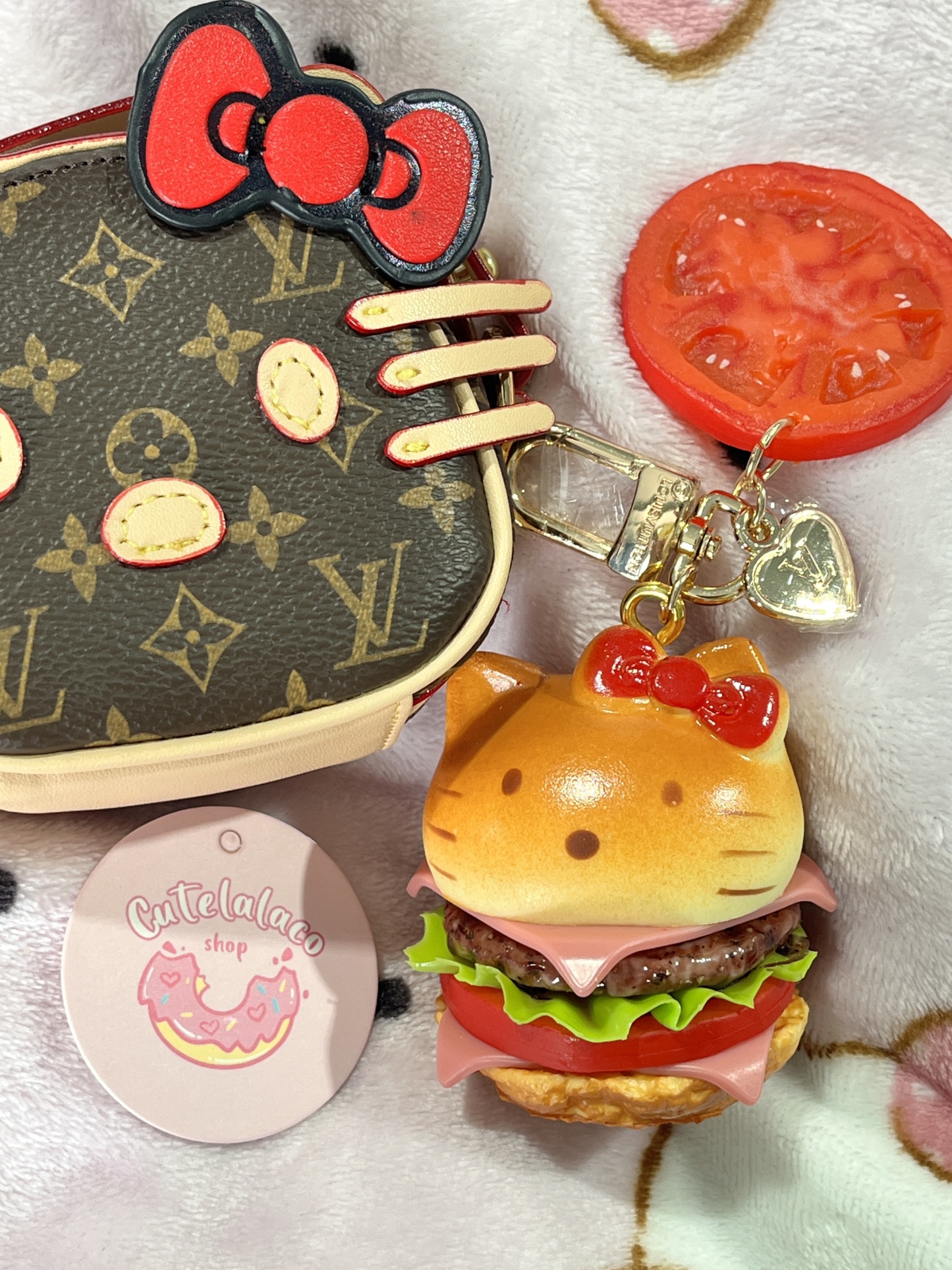 HK Mini Designer-Inspired Cartoon Cat Burger Bag Charm with Tomato Slice Pendant Use 01260720
