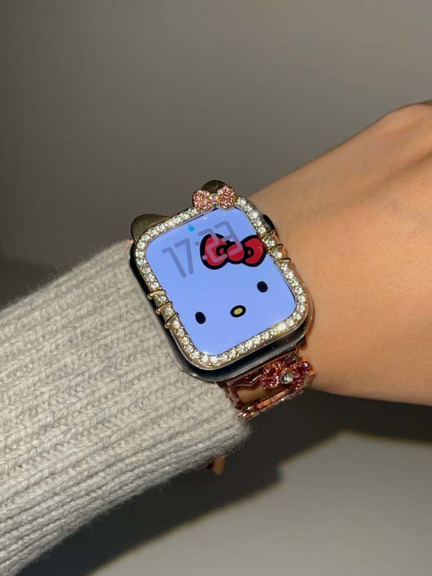 HK Shape Apple Watch Band Bling Diamond Jewelry Metal Strap Bands with Crystal Tempered Glass Screen Protector Case, Round Shiny Bracelet Wristband for iWatch Series