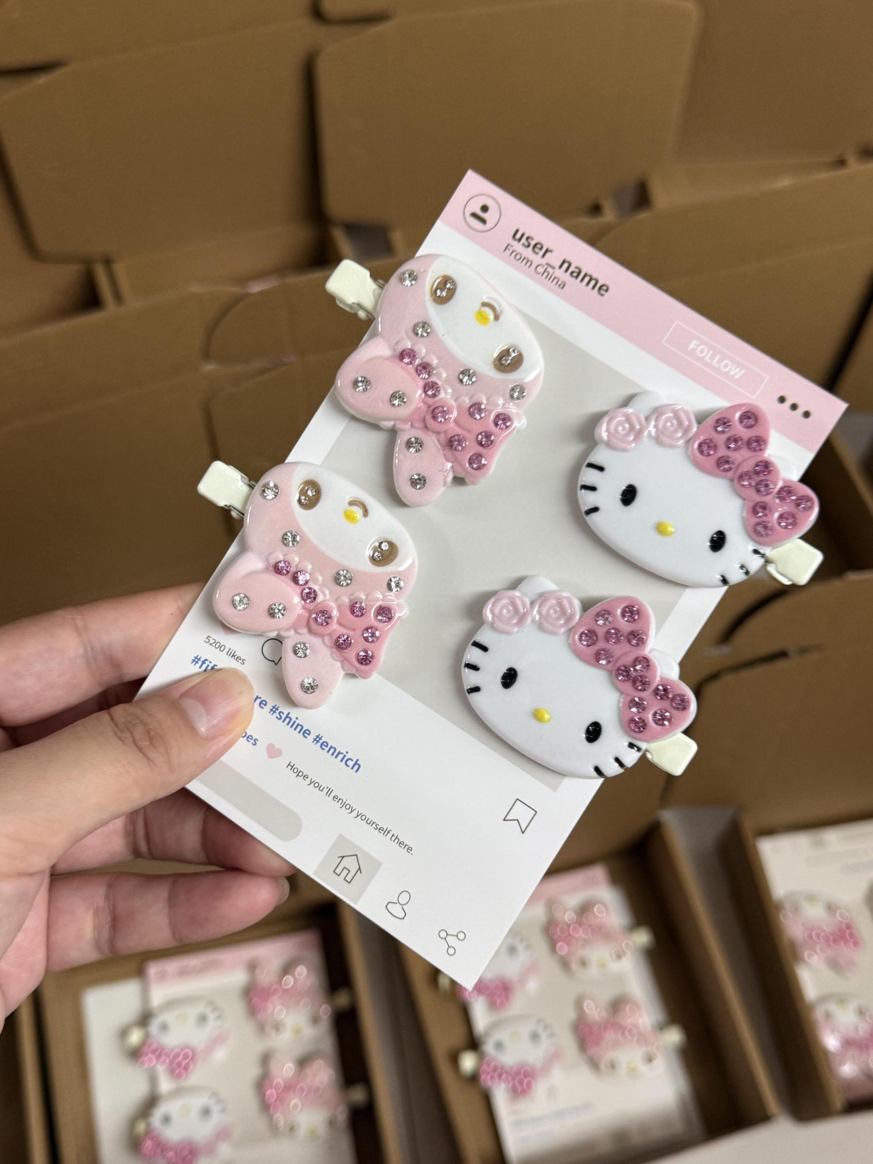 HK & Melody Rhinestone Hair Clip Set, Handmade Cute Character Barrettes, Kawaii Pink Hair Accessories Gift 01260128