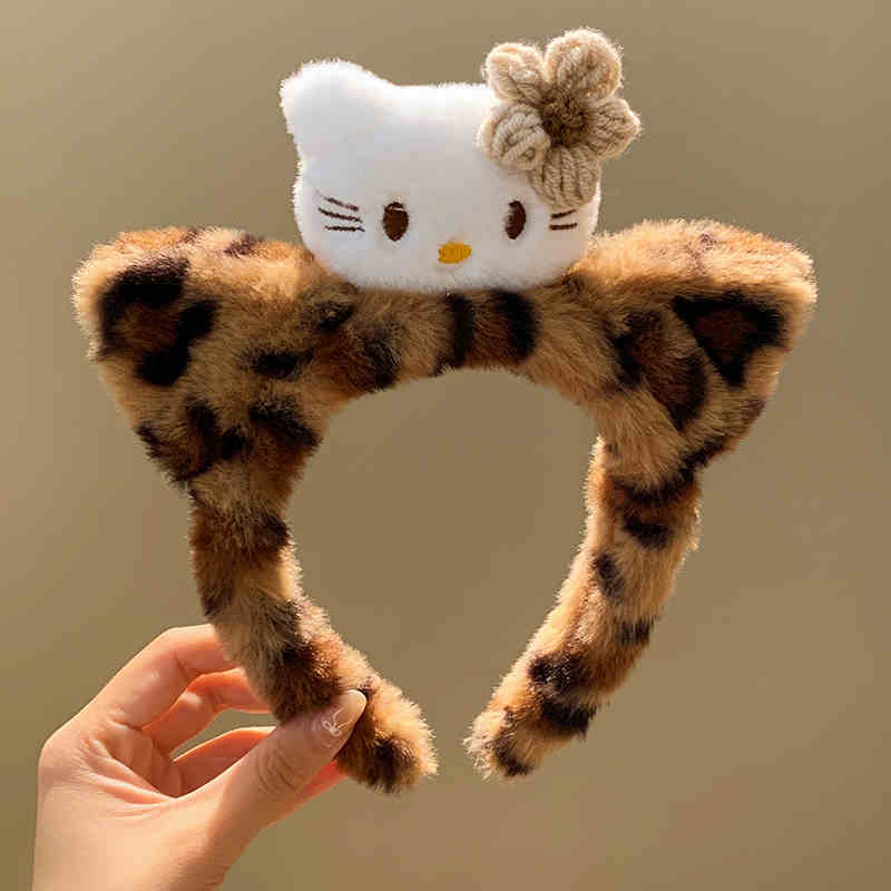 Cute Tan Hello Kitty Leopard Print Plush Headband – Skincare & Makeup Cartoon Hair Accessory