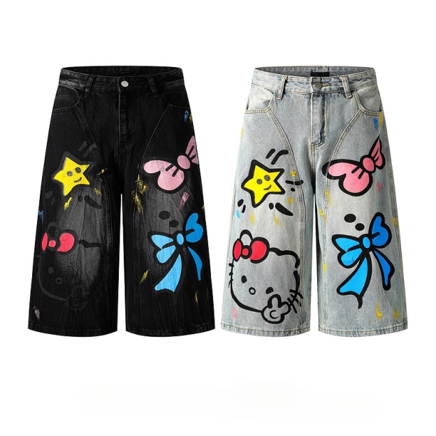 HK Graffiti Denim Shorts - Unisex Wide Leg Capris for Summer (S-XL) 02250620