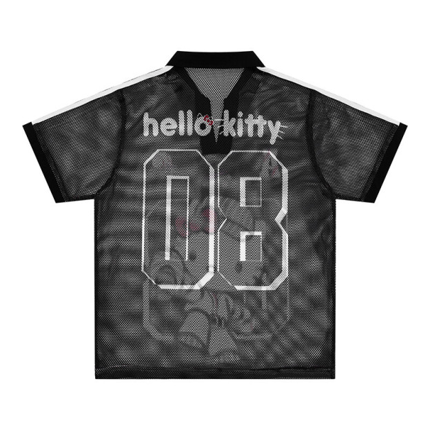 Retro HK Print Baseball Tee - Women's Oversized V-Neck Mesh T-Shirt 02250617