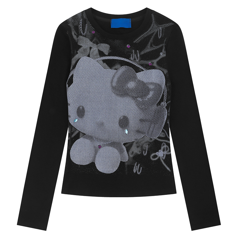 HK Vintage Black Long Sleeve T-Shirt, Y2K Cute Cartoon Kitty Print Short Top for Women Autumn Streetwear 02250821