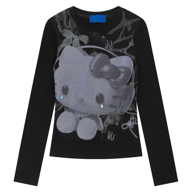 HK Vintage Black Long Sleeve T-Shirt, Y2K Cute Cartoon Kitty Print Short Top for Women Autumn Streetwear 02250821