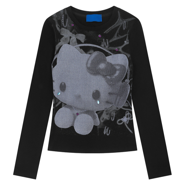 HK Vintage Black Long Sleeve T-Shirt, Y2K Cute Cartoon Kitty Print Short Top for Women Autumn Streetwear 02250821
