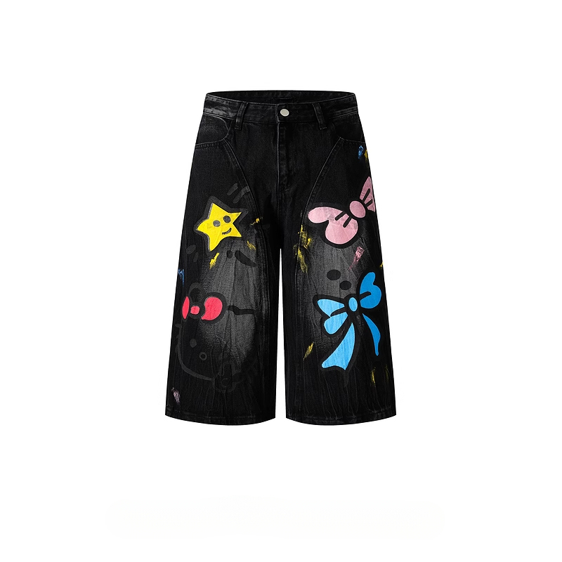 HK Graffiti Denim Shorts - Unisex Wide Leg Capris for Summer (S-XL) 02250620