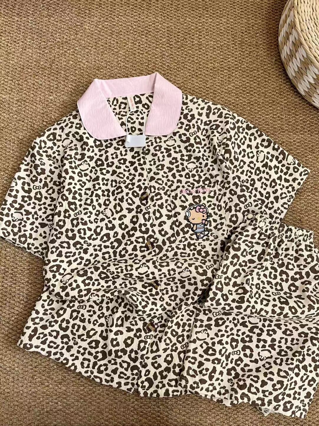 HK Leopard Print Pajamas Set for Women – Summer Short Sleeve Cute Loungewear