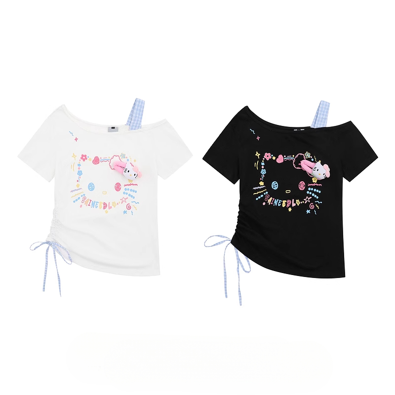 HK Retro Off-Shoulder Tee - Oversized Drawstring Top for Women04250620