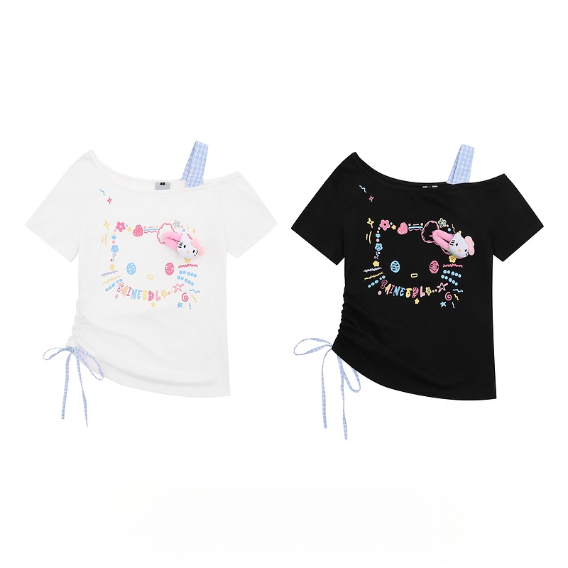 HK Retro Off-Shoulder Tee - Oversized Drawstring Top for Women04250620