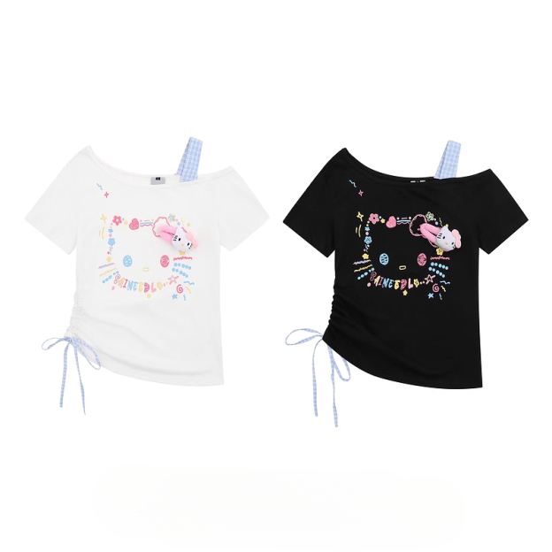 HK Retro Off-Shoulder Tee - Oversized Drawstring Top for Women04250620