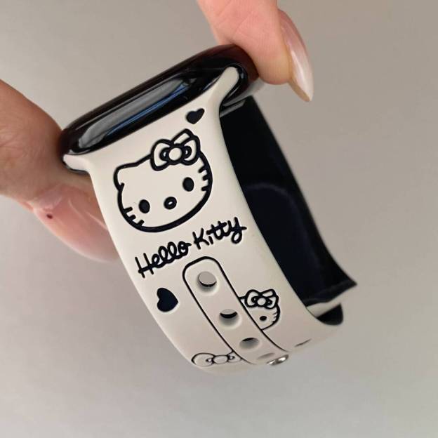HK Silicone Engraved Watch Band, Cute Hello Kitty Carved Strap for Apple Watch SE/7/8/9/10