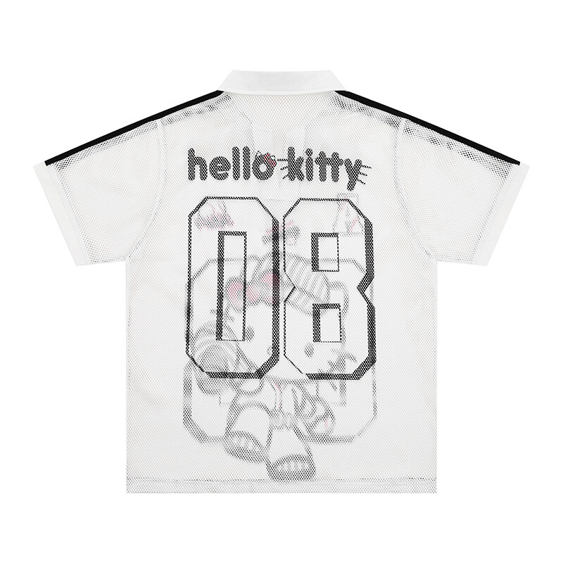 Retro HK Print Baseball Tee - Women's Oversized V-Neck Mesh T-Shirt 02250617