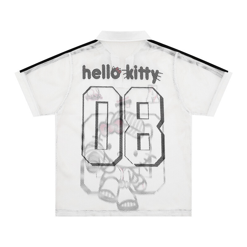 Retro HK Print Baseball Tee - Women's Oversized V-Neck Mesh T-Shirt 02250617