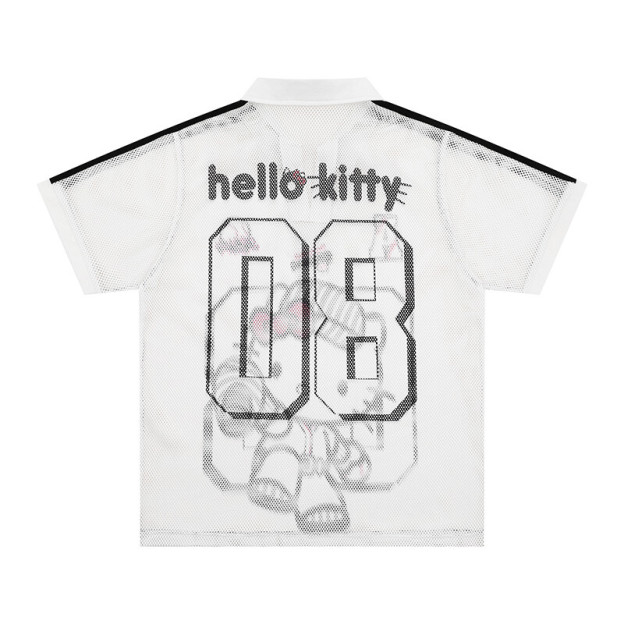 Retro HK Print Baseball Tee - Women's Oversized V-Neck Mesh T-Shirt 02250617