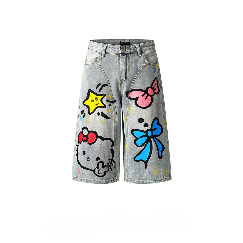 HK Graffiti Denim Shorts - Unisex Wide Leg Capris for Summer (S-XL) 02250620