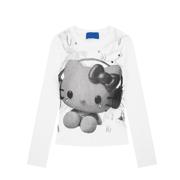 HK Vintage Black Long Sleeve T-Shirt, Y2K Cute Cartoon Kitty Print Short Top for Women Autumn Streetwear 02250821