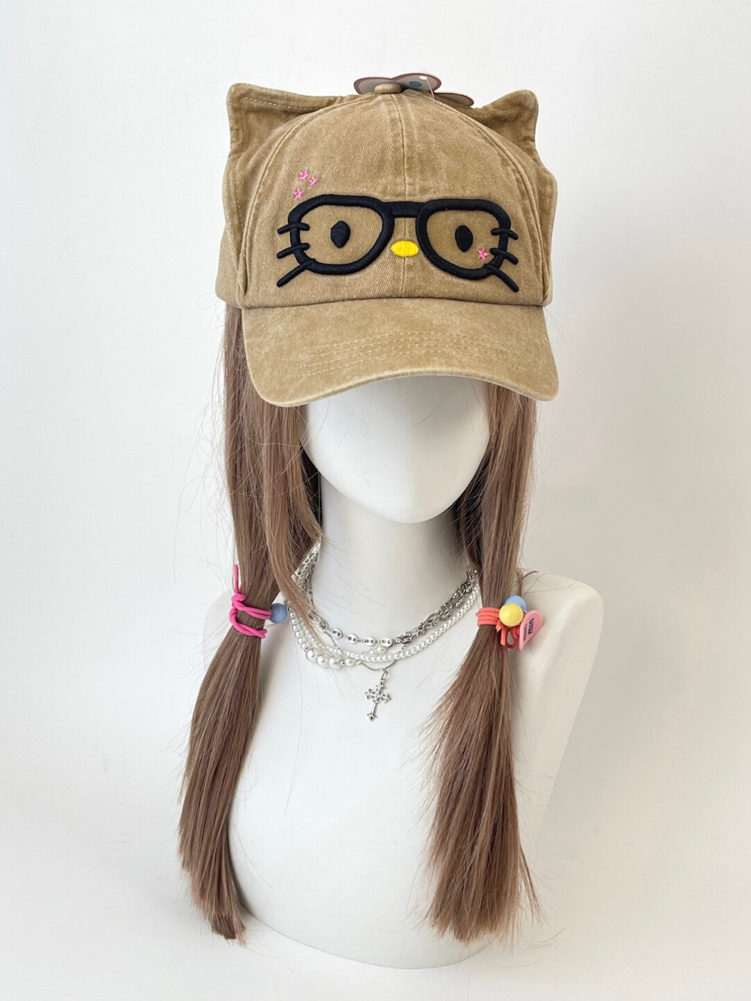 HK Cute Glasses Kitty Baseball Cap, Adjustable Summer Sun Hat for Women Girls, Fashion Kawaii Duckbill Cap 03250821
