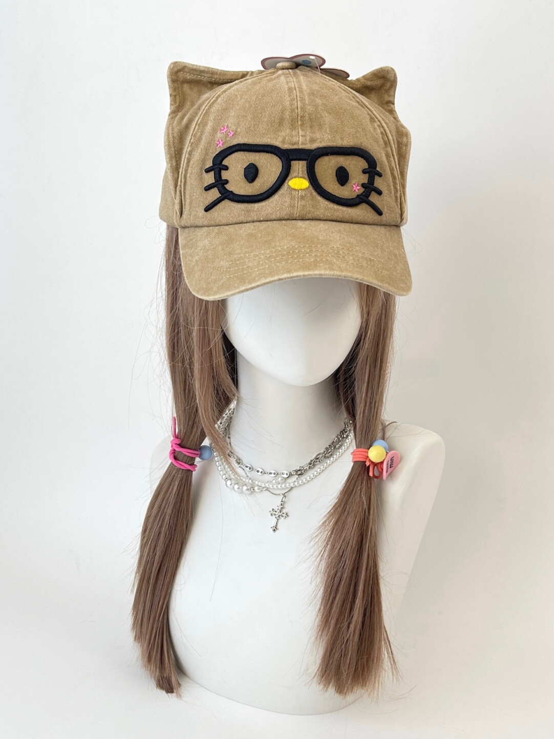 HK Cute Glasses Kitty Baseball Cap, Adjustable Summer Sun Hat for Women Girls, Fashion Kawaii Duckbill Cap 03250821