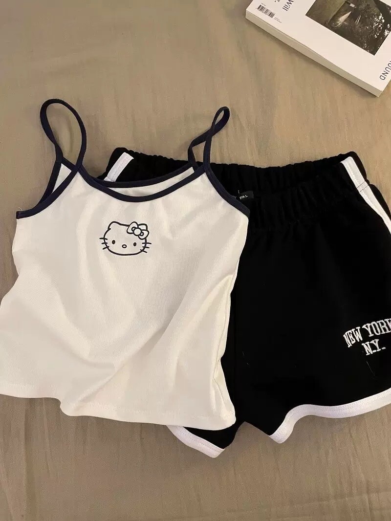 HK Built-in Bra Tank & Shorts Set - Pure Cotton Sleepwear for Girls (M-XL) 01250617