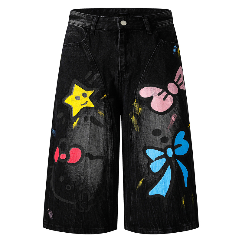 HK Graffiti Denim Shorts - Unisex Wide Leg Capris for Summer (S-XL) 02250620