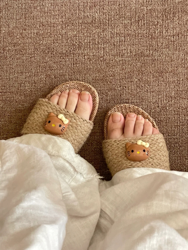 Handmade Linen HK Slides - Boho Braided Summer House Slippers for Women 01250614