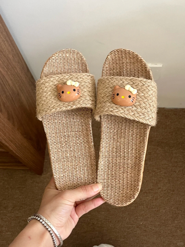 Handmade Linen HK Slides - Boho Braided Summer House Slippers for Women 01250614