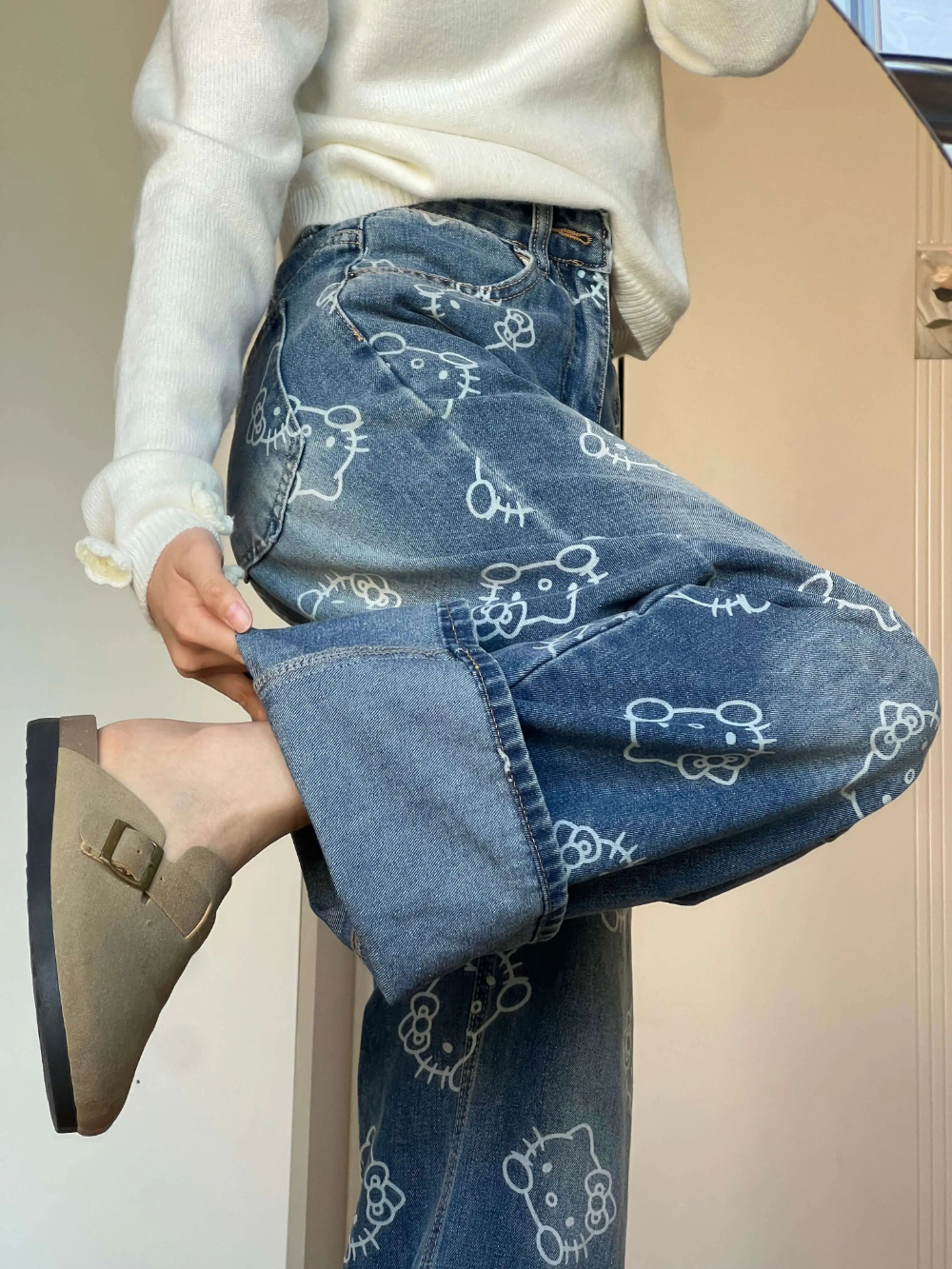 HK Print High Waist Flare Denim Pants for Women - Loose Fit Wide Leg Trousers 01250527