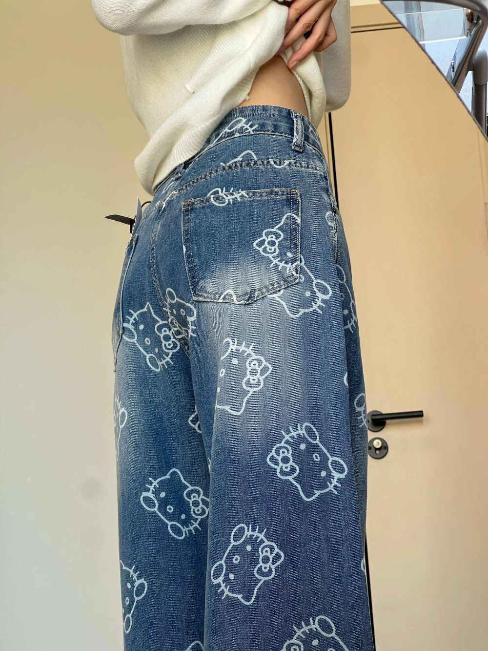 HK Print High Waist Flare Denim Pants for Women - Loose Fit Wide Leg Trousers 01250527