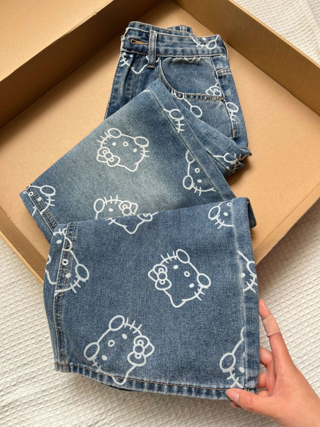HK Print High Waist Flare Denim Pants for Women - Loose Fit Wide Leg Trousers 01250527