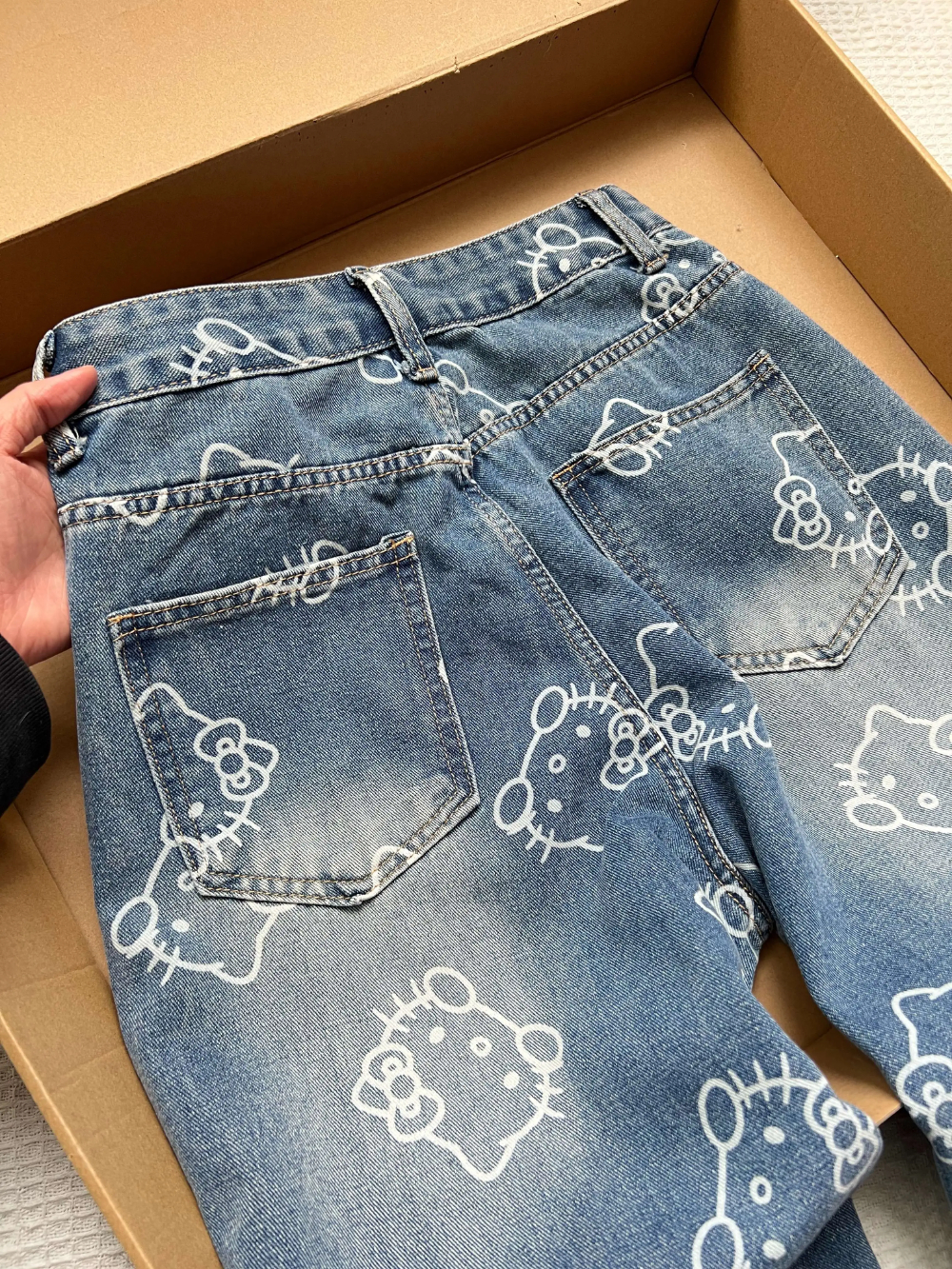 HK Print High Waist Flare Denim Pants for Women - Loose Fit Wide Leg Trousers 01250527