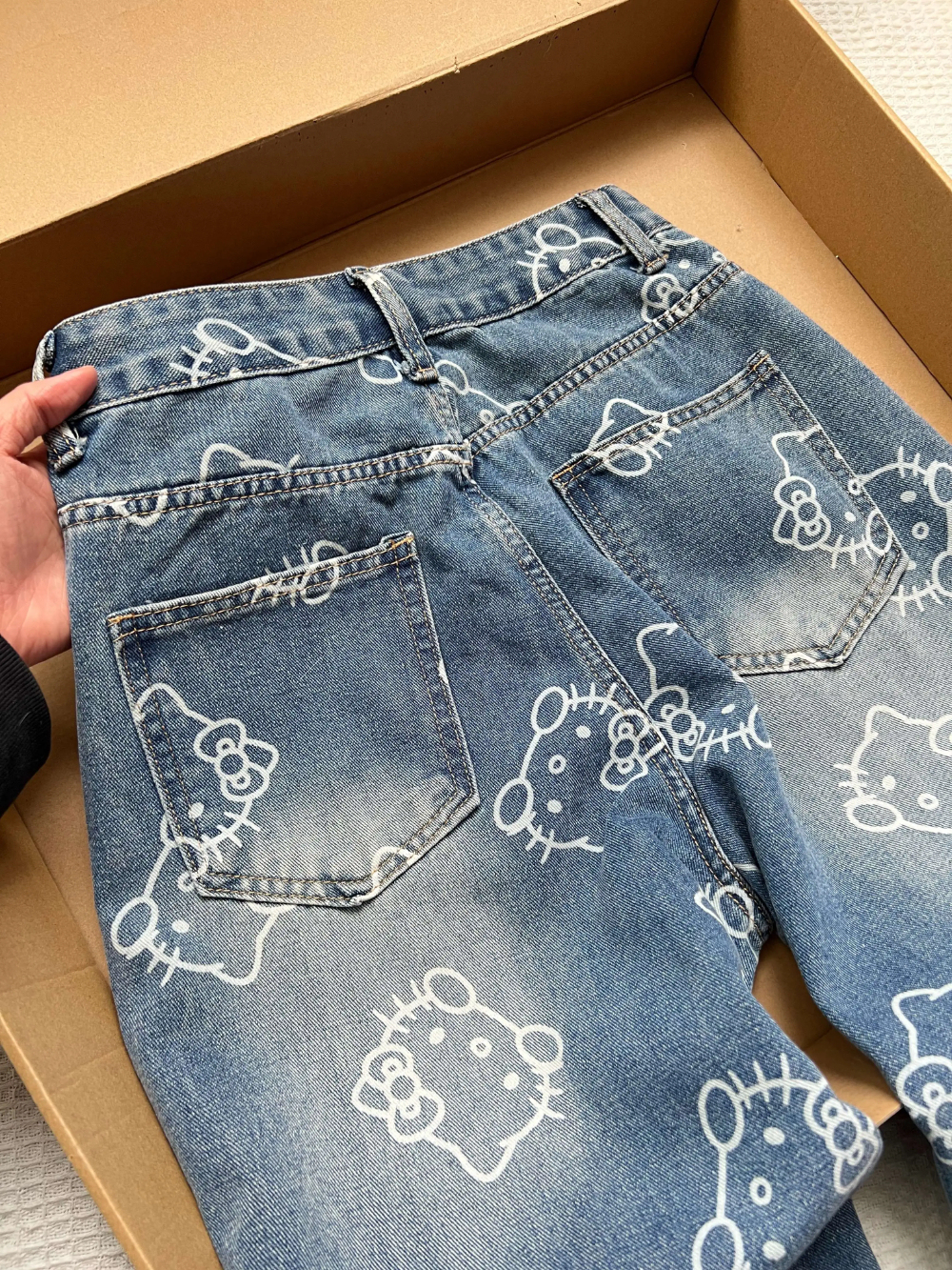 HK Print High Waist Flare Denim Pants for Women - Loose Fit Wide Leg Trousers 01250527