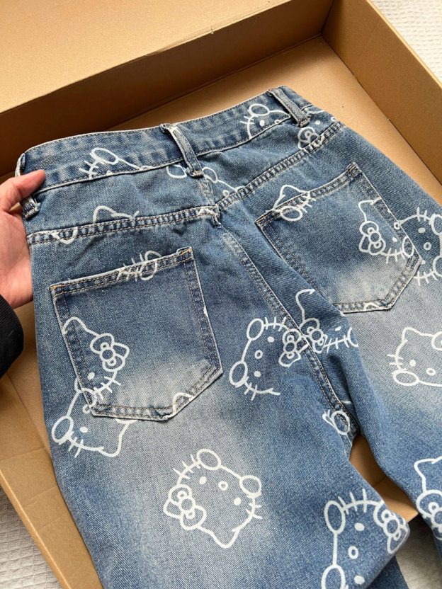 HK Print High Waist Flare Denim Pants for Women - Loose Fit Wide Leg Trousers 01250527