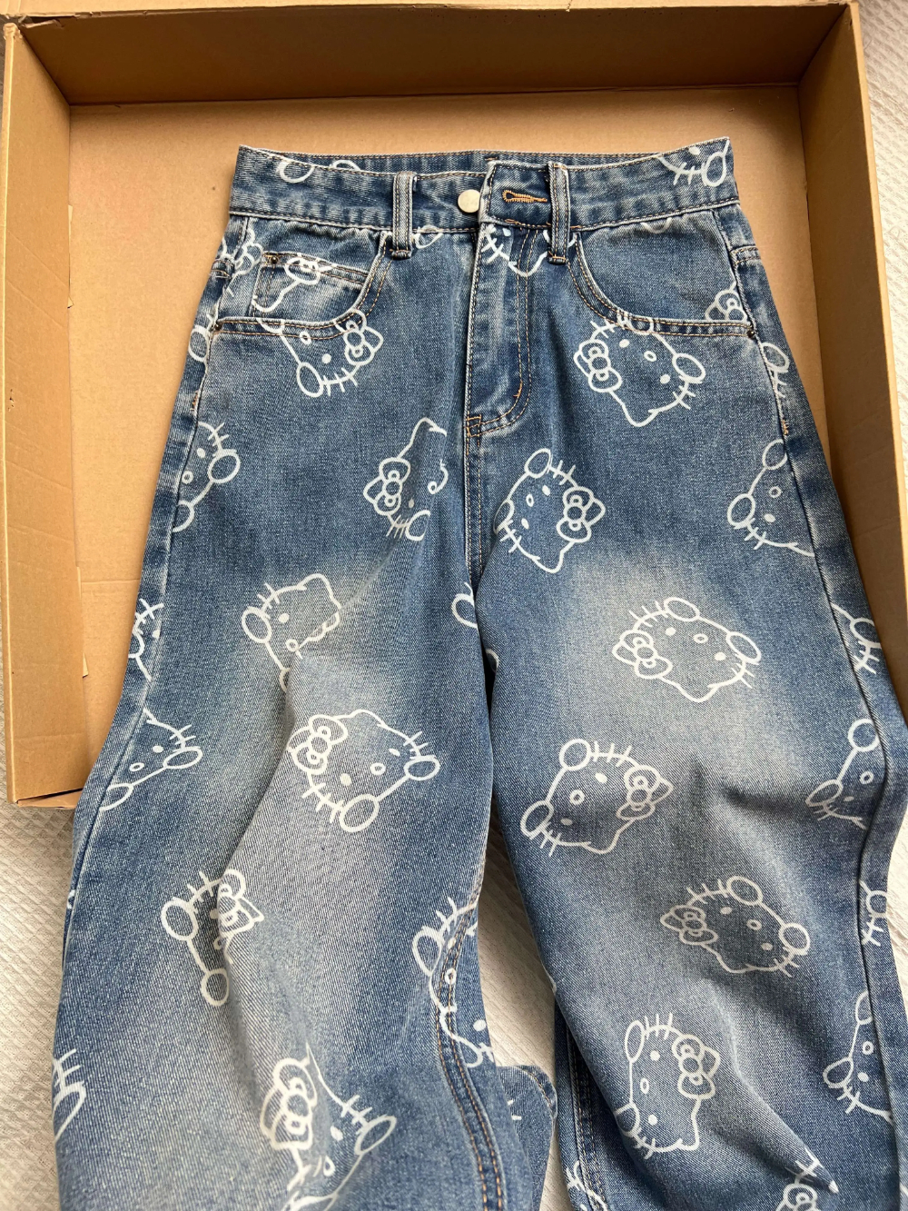 HK Print High Waist Flare Denim Pants for Women - Loose Fit Wide Leg Trousers 01250527