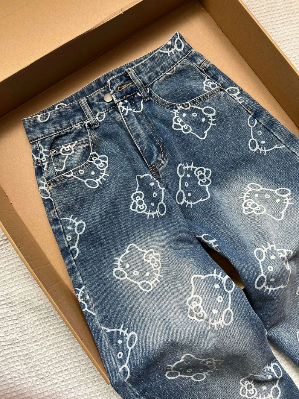 HK Print High Waist Flare Denim Pants for Women - Loose Fit Wide Leg Trousers 01250527