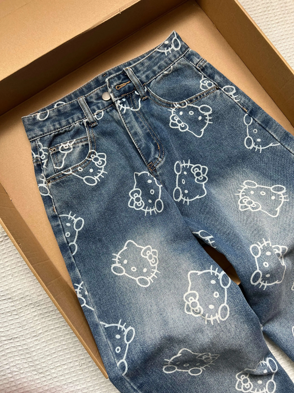 HK Print High Waist Flare Denim Pants for Women - Loose Fit Wide Leg Trousers 01250527