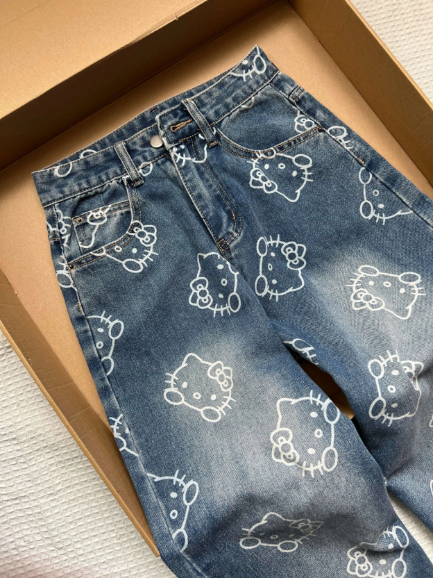 HK Print High Waist Flare Denim Pants for Women - Loose Fit Wide Leg Trousers 01250527