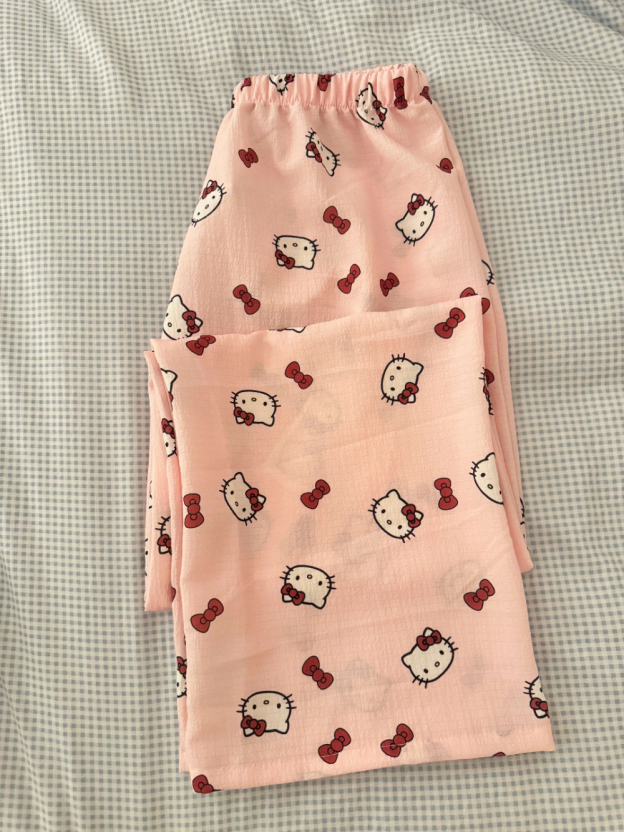 HK Bubble Crepe Lounge Pants - Korean Cartoon Summer Sleepwear for Women, Thin & Breathable 01250407