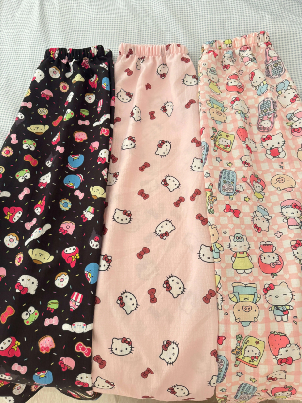 HK Bubble Crepe Lounge Pants - Korean Cartoon Summer Sleepwear for Women, Thin & Breathable 01250407
