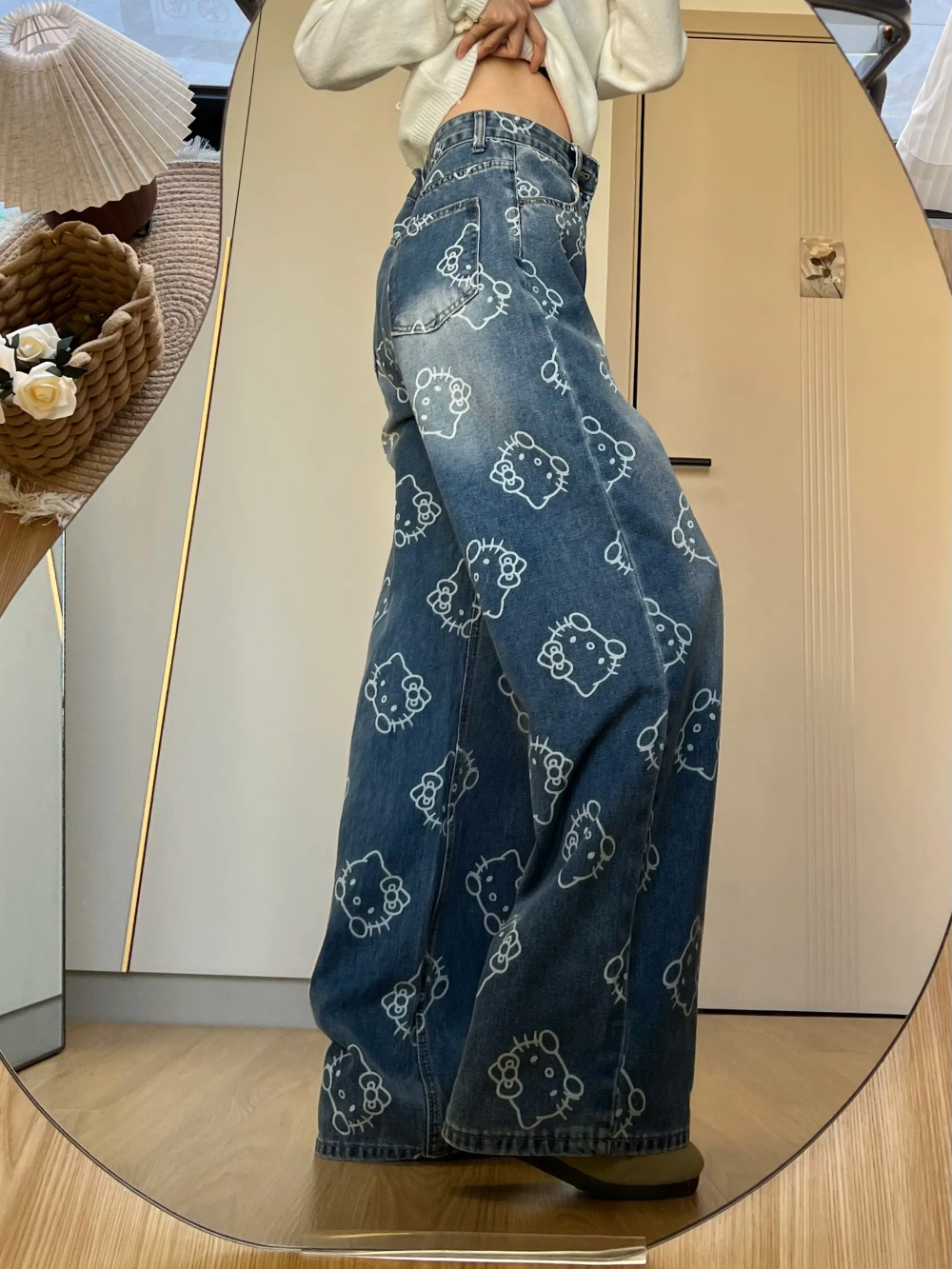 HK Print High Waist Flare Denim Pants for Women - Loose Fit Wide Leg Trousers 01250527
